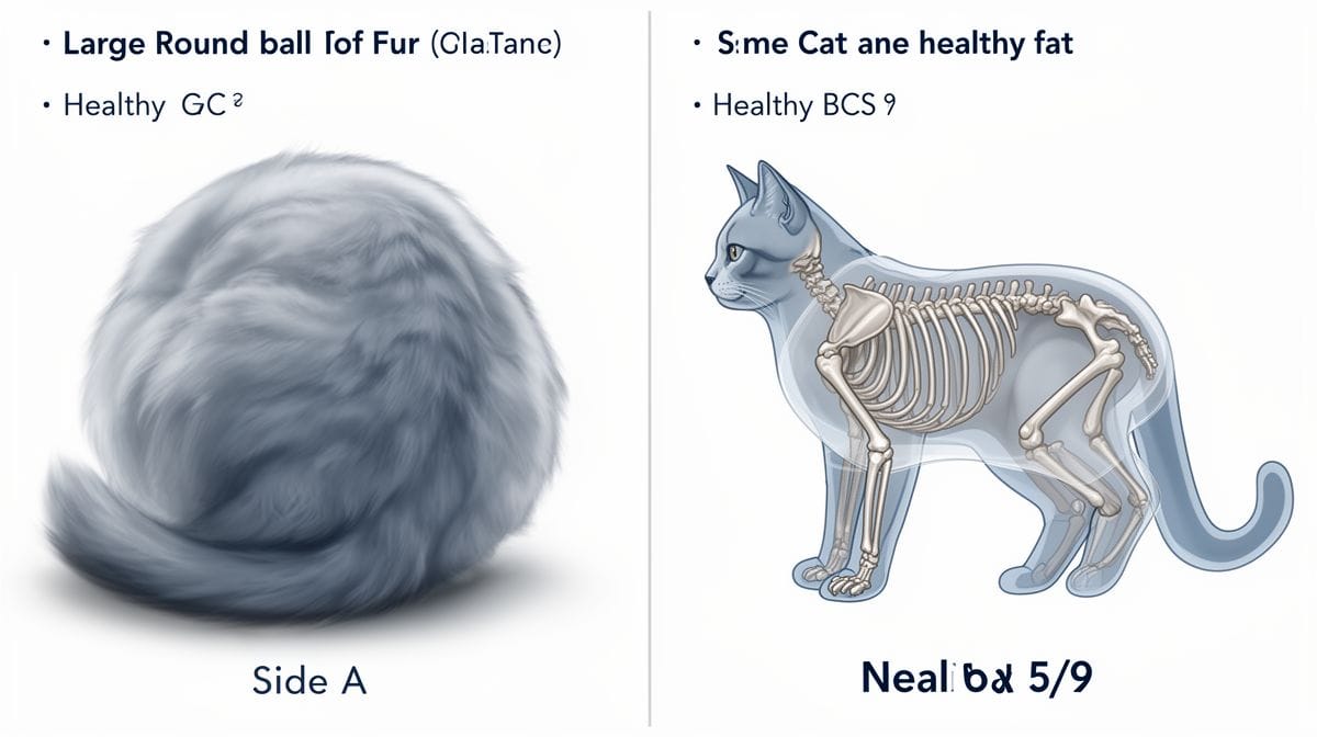 Split-screen illustration showing a cat's visual profile vs. skeletal/fat profile with healthy BCS 5/9.