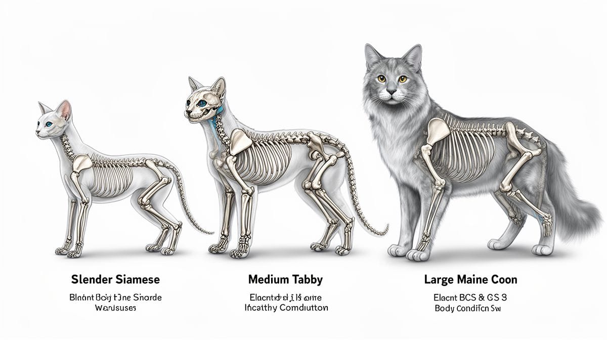 Comparison of three cat skeletons: slender Siamese, medium Tabby, and large Maine Coon showing BCS 5.
