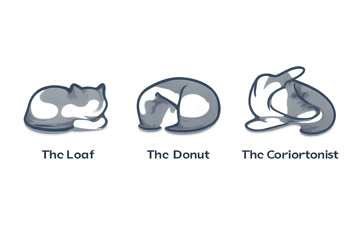 Infographic icons showing The Loaf, The Donut, and The Contortionist cat sleeping positions
