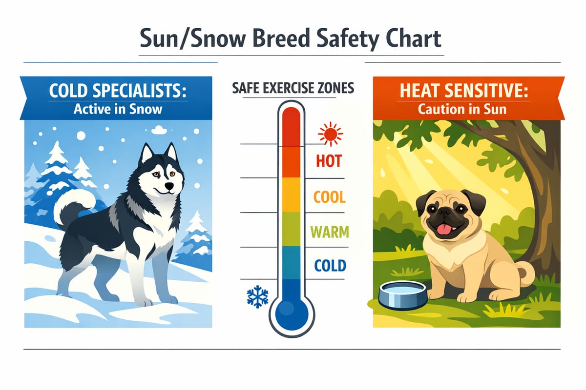 Breed-specific exercise safety chart showing temperature zones for Husky and Pug breeds.